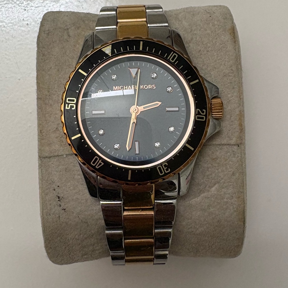 Michael Kors Silver and Gold Watch with Black Bezel